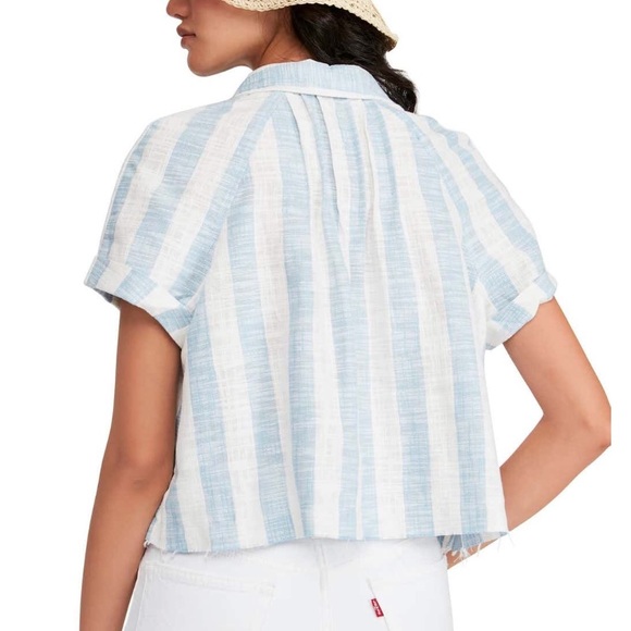 Free People Away At Sea Blue Striped Cotton Top - Picture 2 of 9
